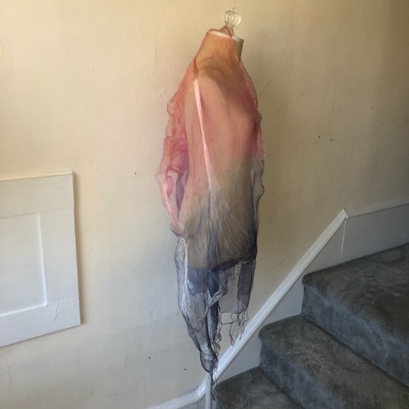 Pure Silk Sheer Art to Wear Lagenlook Multicolor Fringe Trim Scarf NWOT 66”x16” - Picture 5 of 8